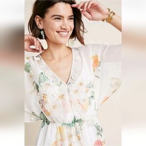 FARM RIO Eloisa Sheer Peach Print Floral Midi Crochet Detail NWOT SRP $230